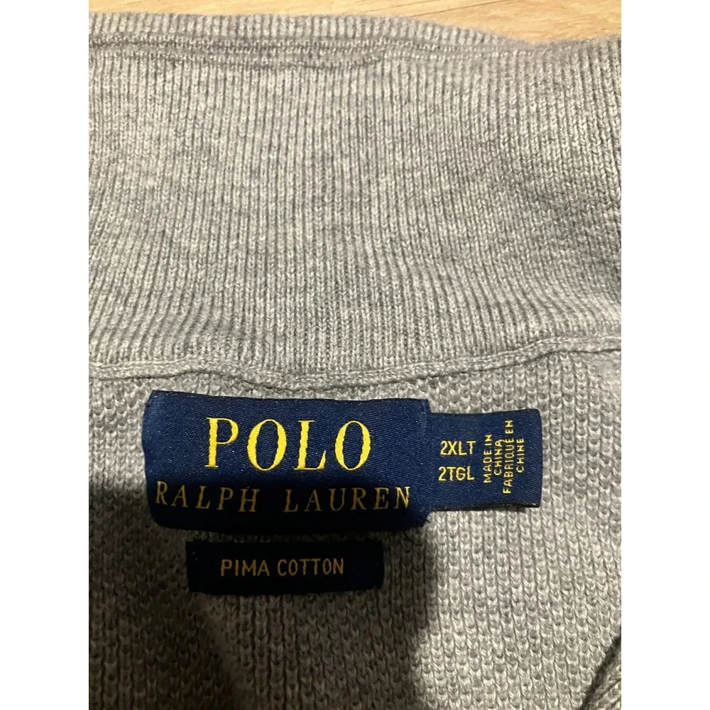 Polo Ralph Lauren Mens 2XLT Grey Pima Cotton Quarter Zip Pullover Sweater Tall
